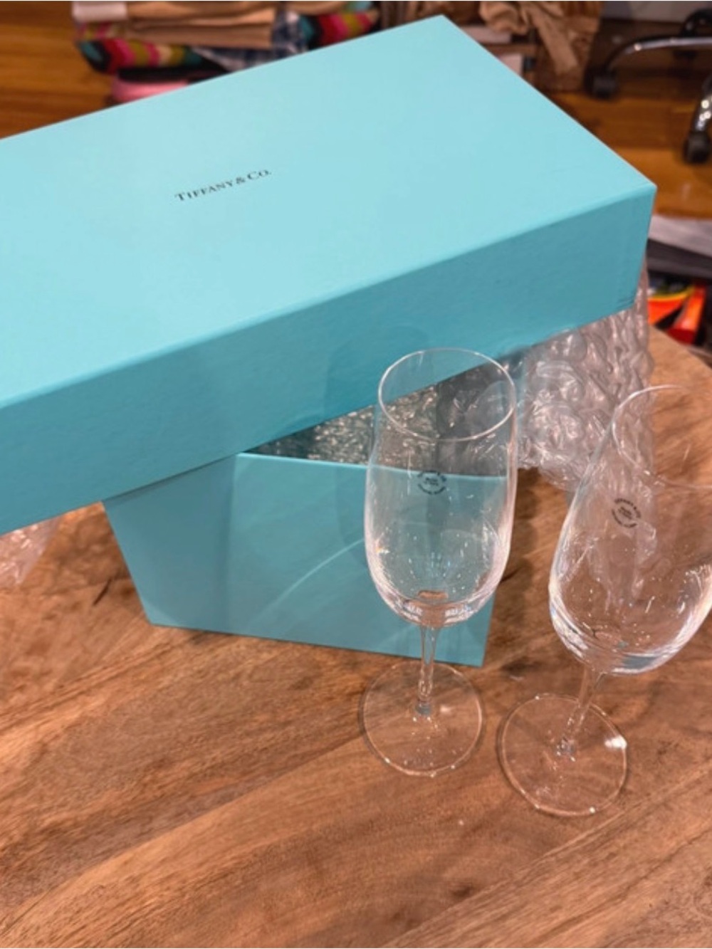Tiffany & Co. Clear Champagne Flutes with Signature Blue Box
